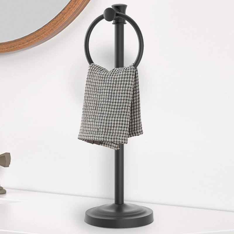Hoimpro 17 Inch Stand Hand Towel Holder Towel Bar Towel Hanging Ring, Free Standing Floor Hand Towel Rack Storage for Bathroom Kitchen Vanity Countertops, Hardware Accessories(Matte Black) - Image 1